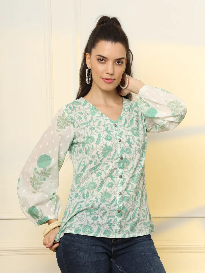 White And Green Printed Cotton Top