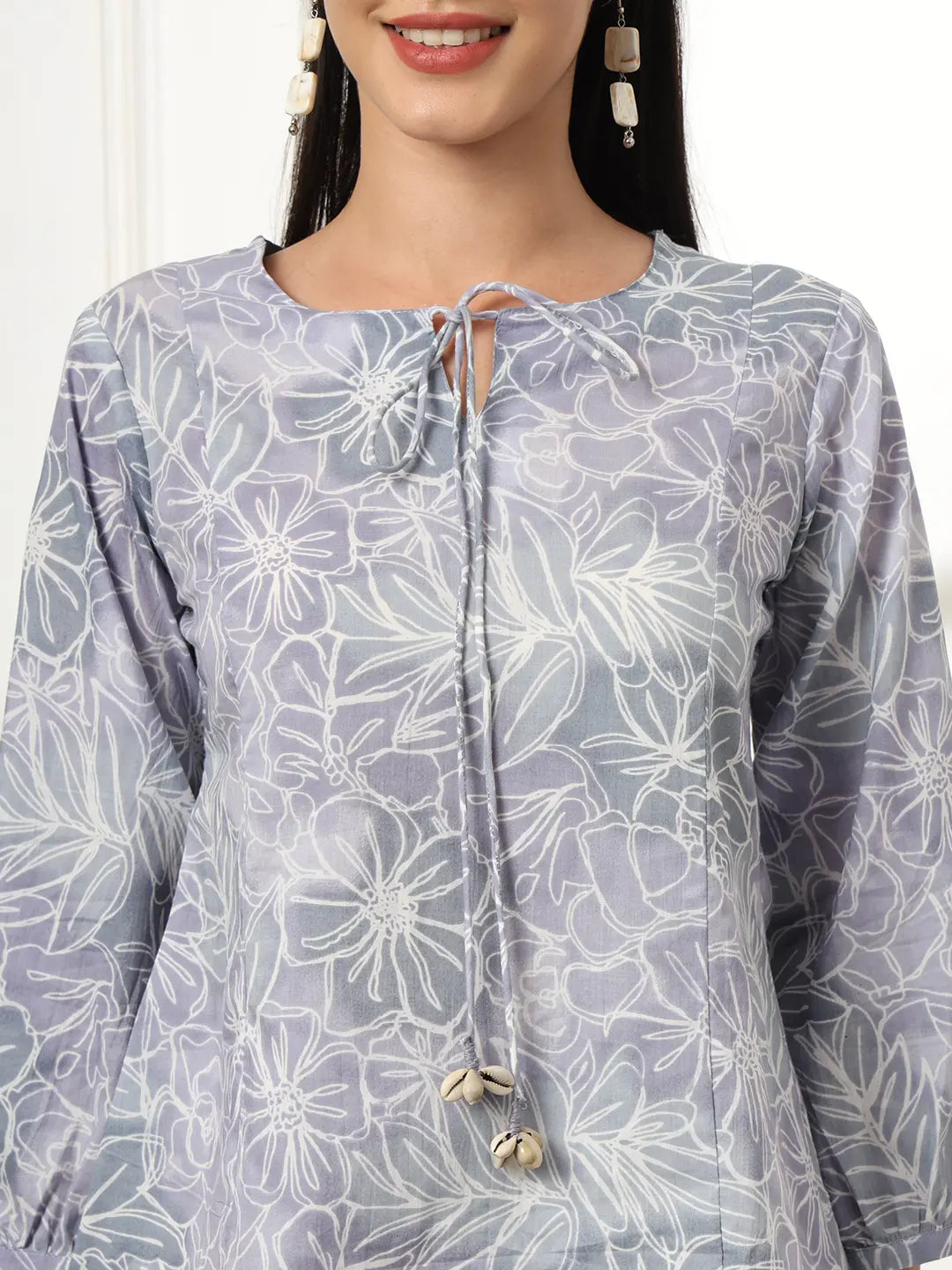 Grey Printed Cotton Peplum Top