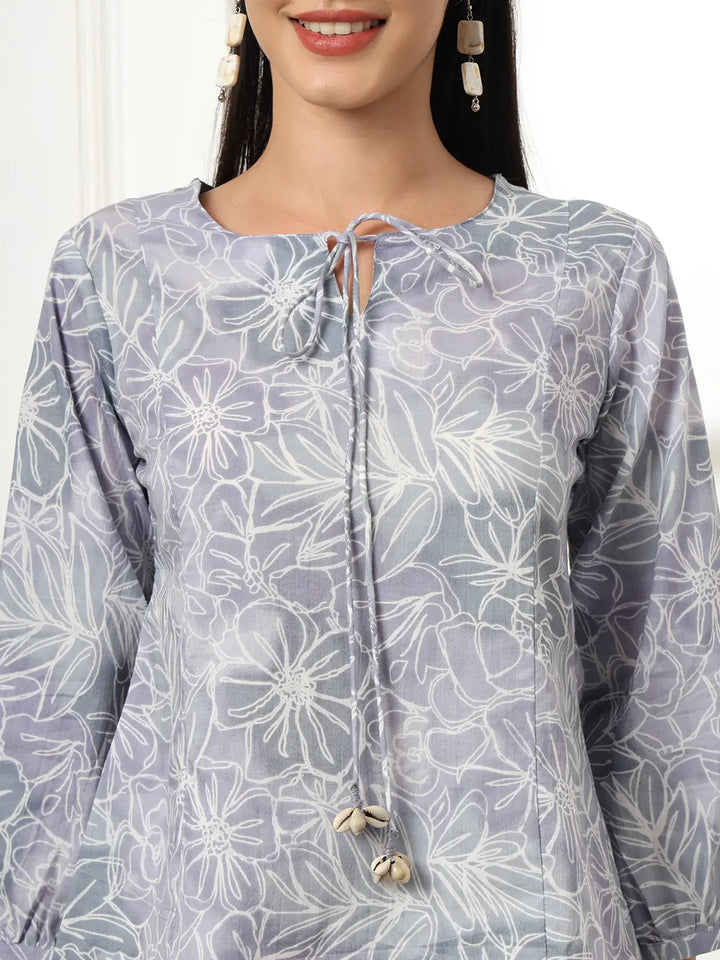 Grey Printed Cotton Peplum Top