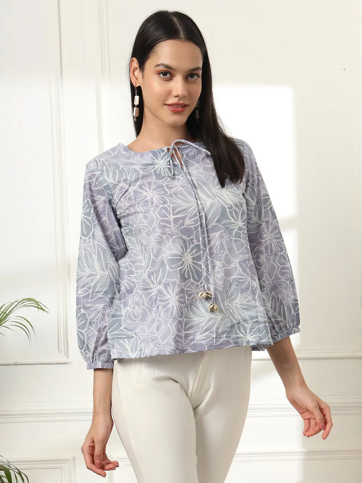 Grey Printed Cotton Peplum Top