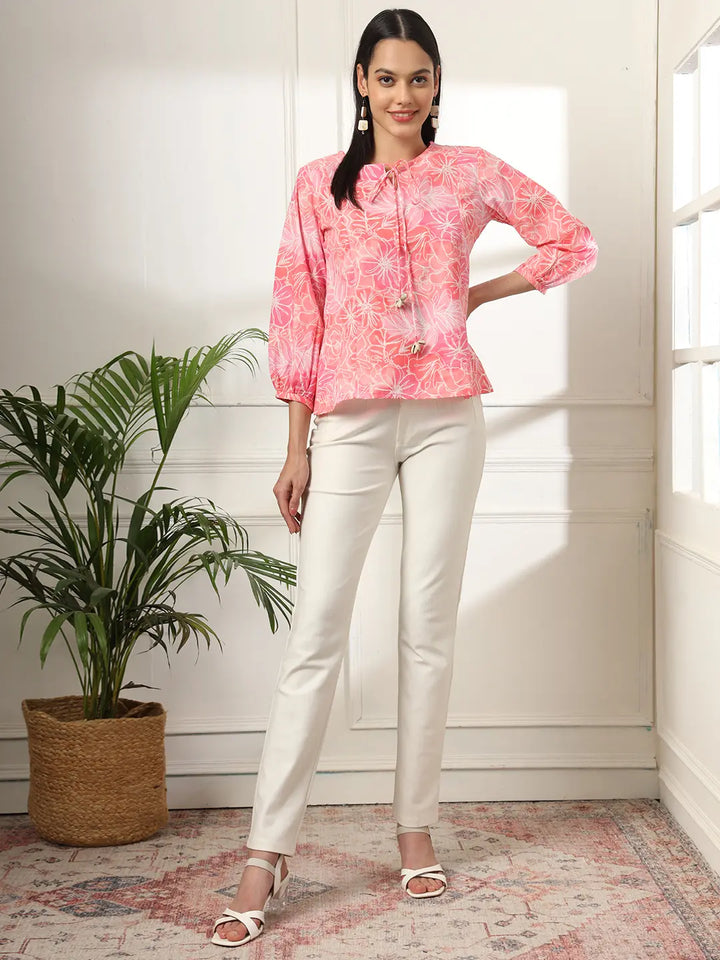 Pink Printed Cotton Peplum Top