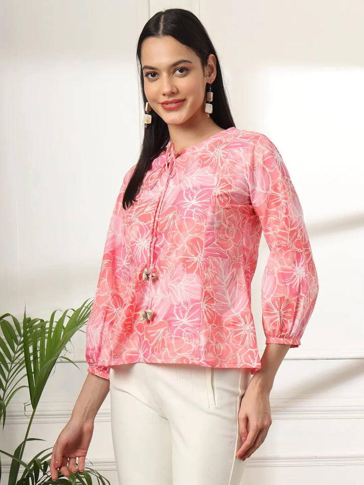 Pink Printed Cotton Peplum Top