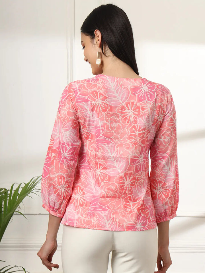 Pink Printed Cotton Peplum Top