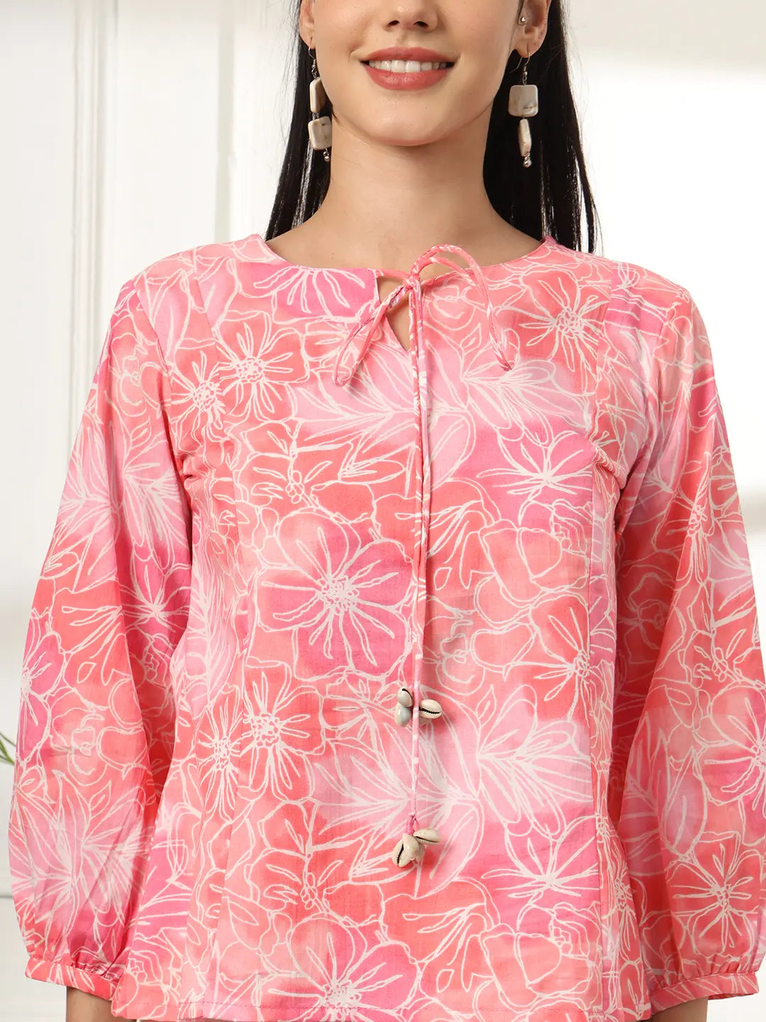 Pink Printed Cotton Peplum Top