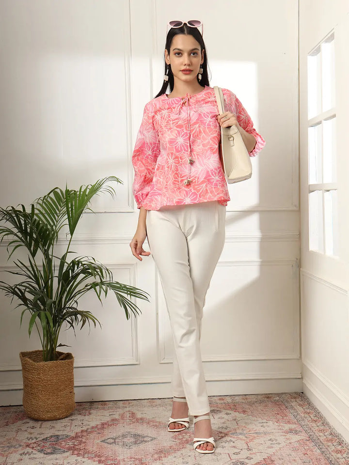 Pink Printed Cotton Peplum Top