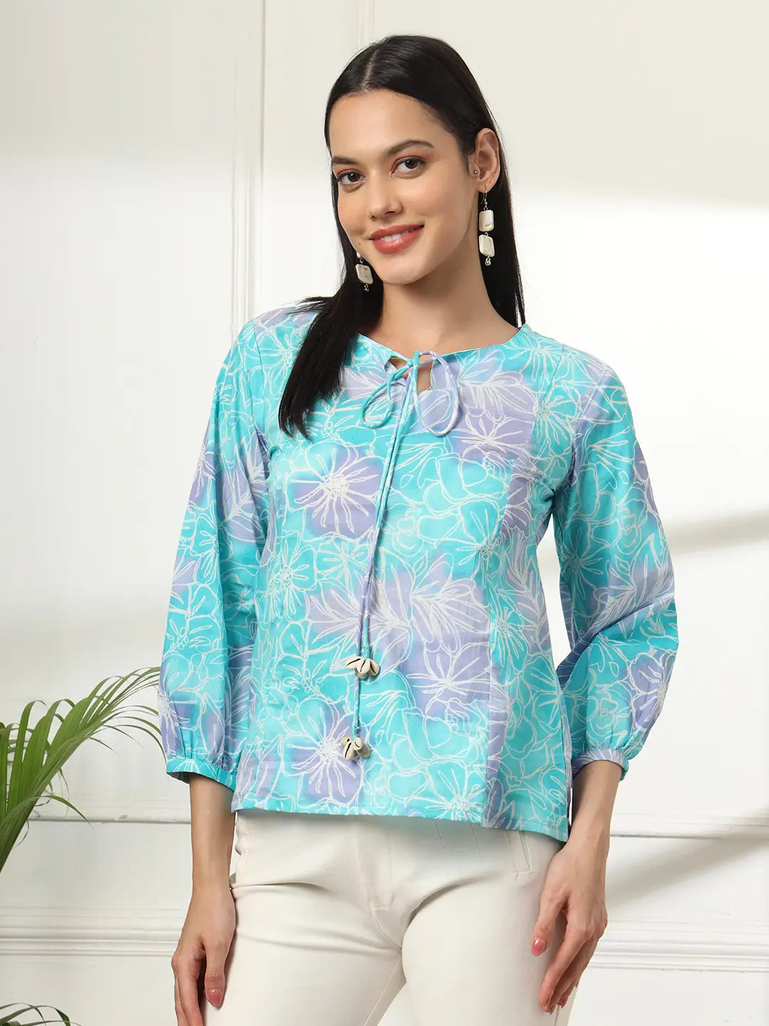 Sky Blue Printed Cotton Peplum Top