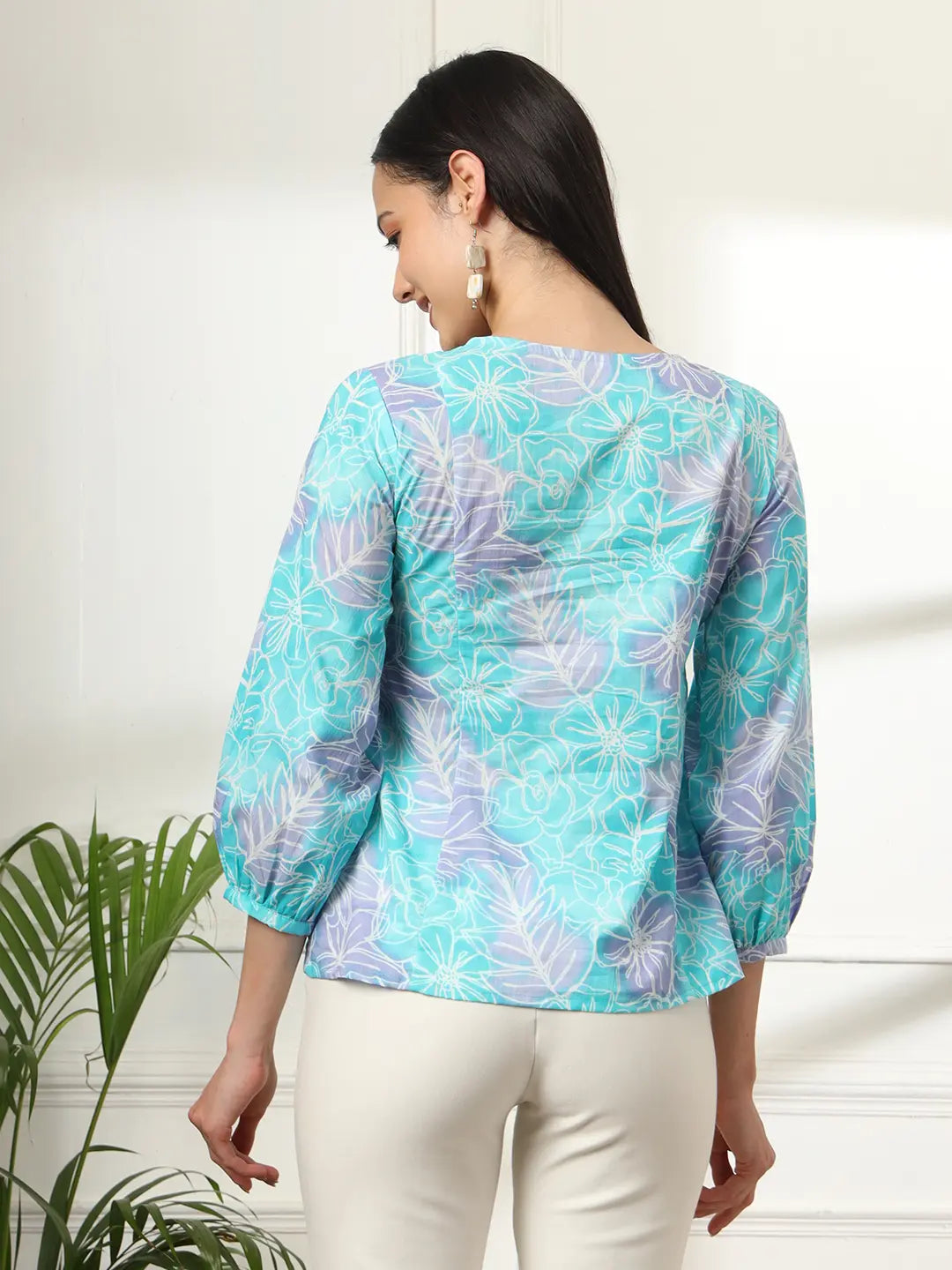 Sky Blue Printed Cotton Peplum Top