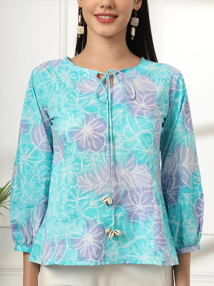 Sky Blue Printed Cotton Peplum Top