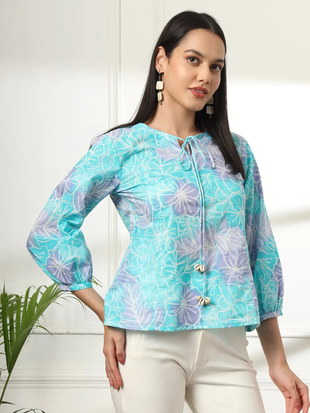 Sky Blue Printed Cotton Peplum Top