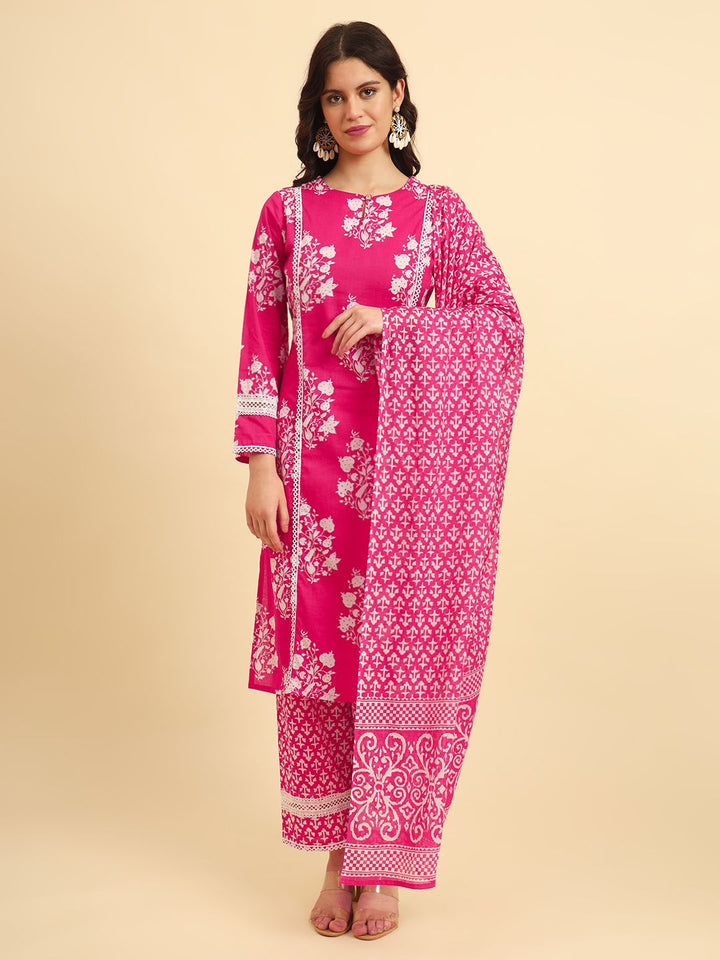 Pink Pure Cotton Floral printed Kurta With  Trousers Dupatta Set