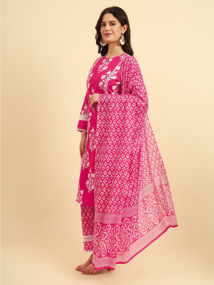 Pink Pure Cotton Floral printed Kurta With  Trousers Dupatta Set