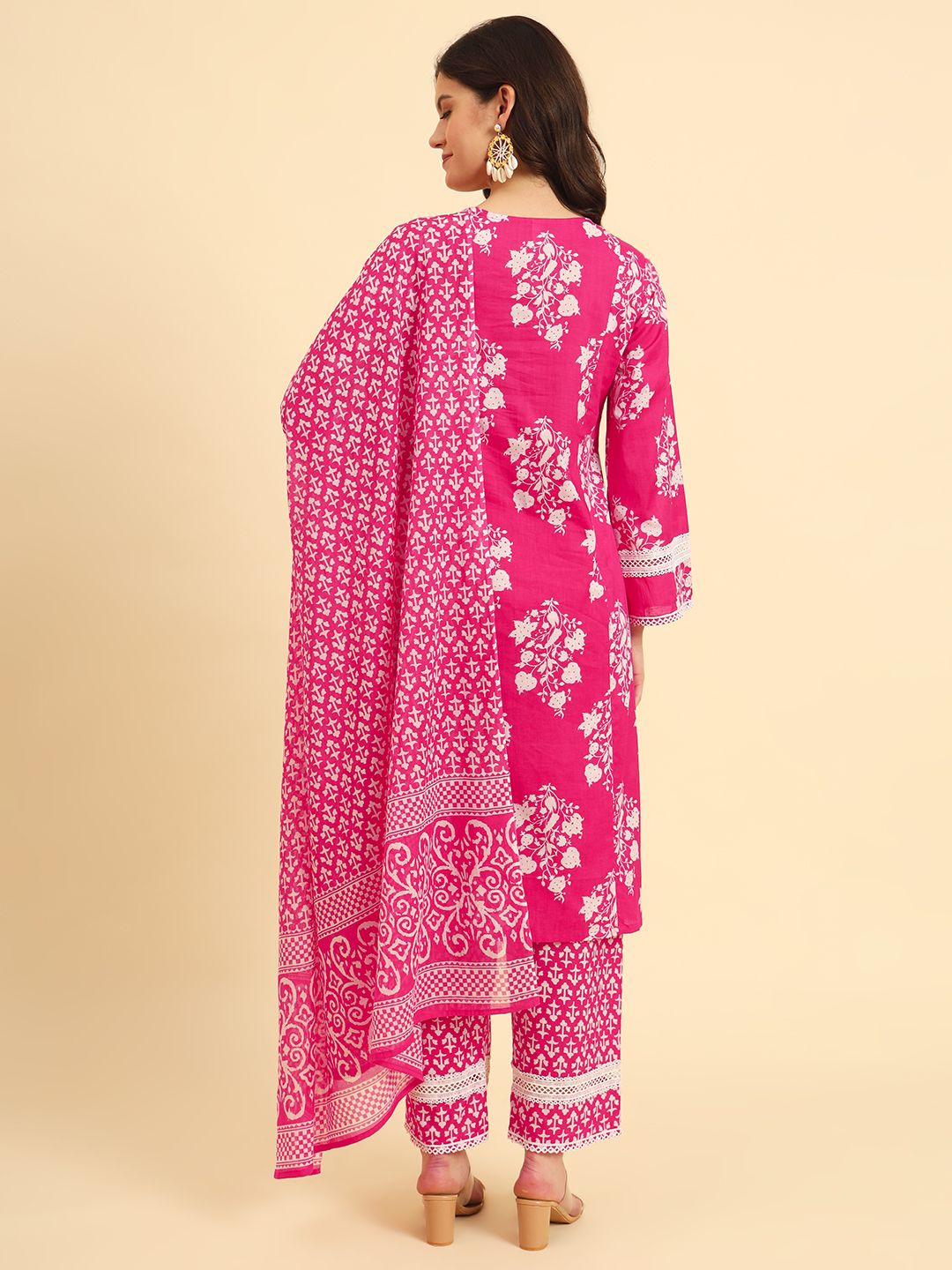 Pink Pure Cotton Floral printed Kurta With  Trousers Dupatta Set