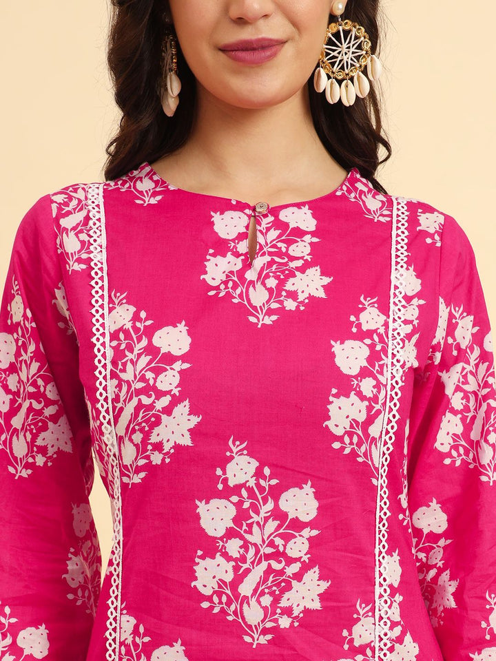 Pink Pure Cotton Floral printed Kurta With  Trousers Dupatta Set