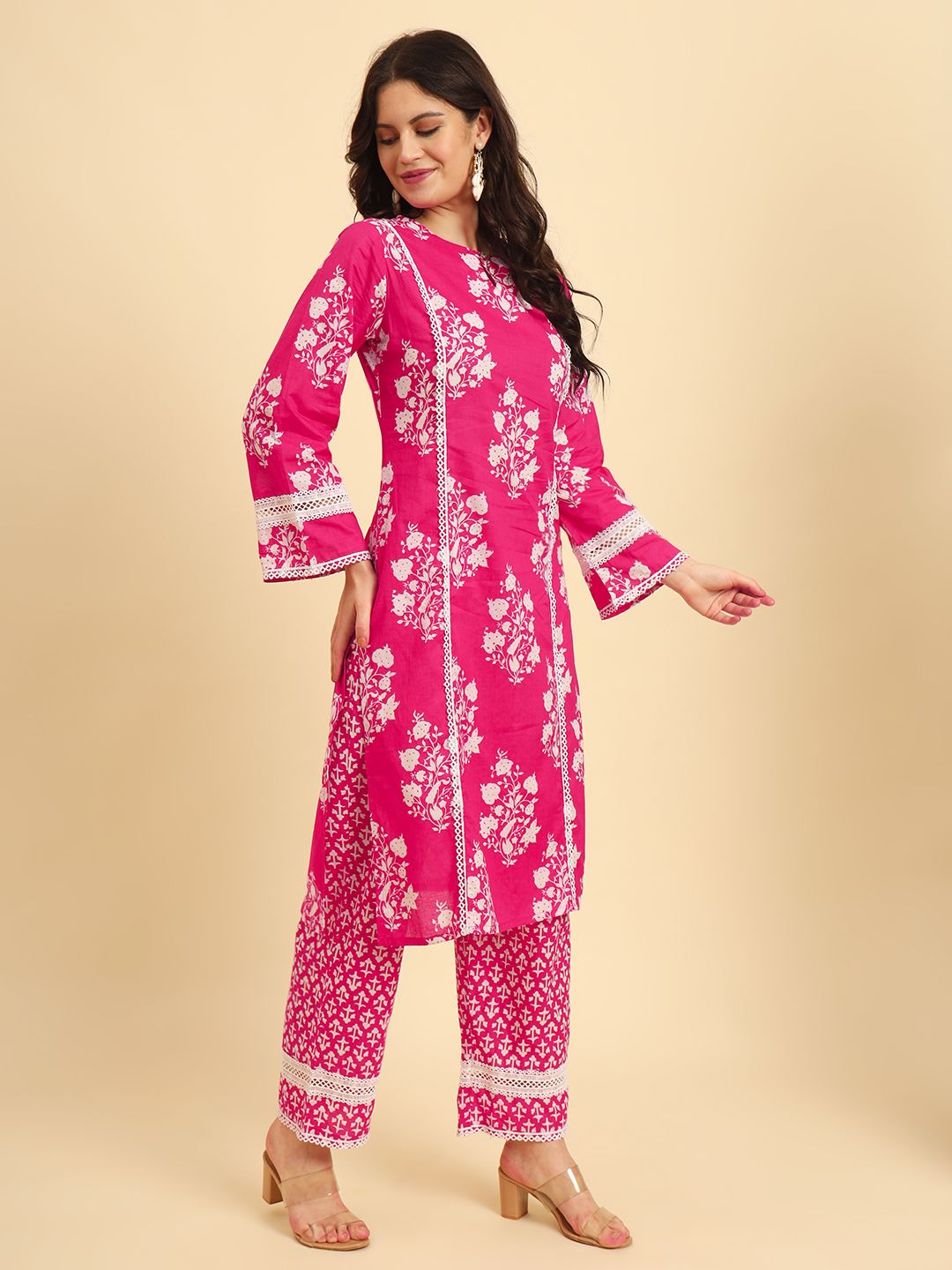 Pink Pure Cotton Floral printed Kurta With  Trousers Dupatta Set