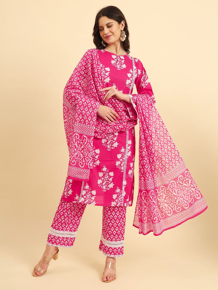 Pink Pure Cotton Floral printed Kurta With  Trousers Dupatta Set