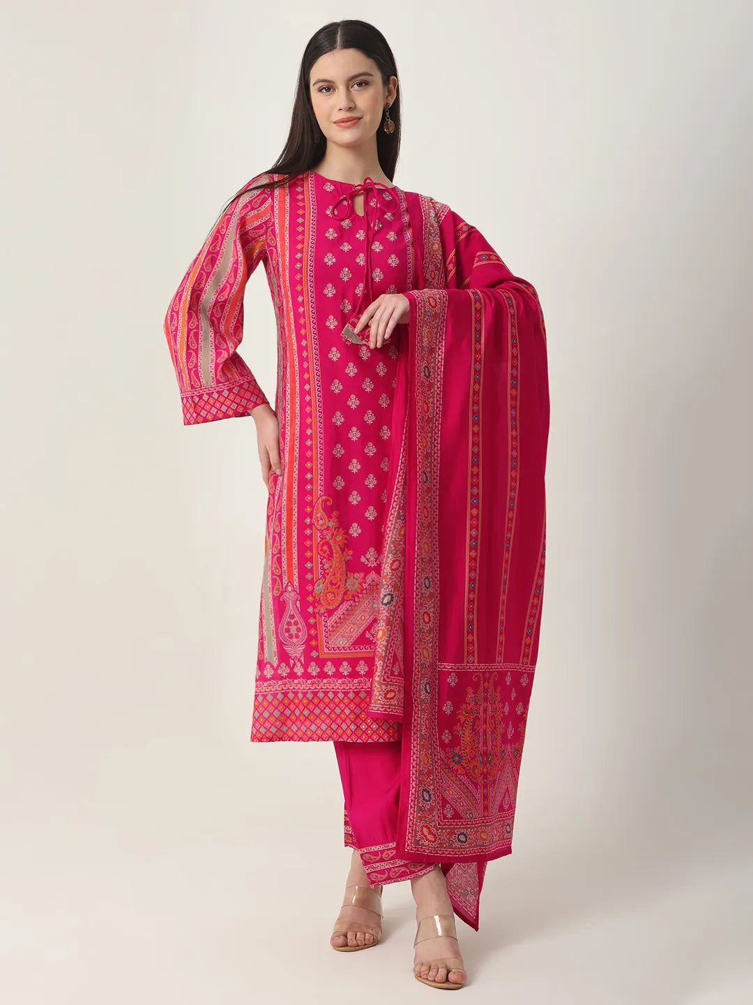 Pink Silk Tie Up Kurta Set With Pant & Dupatta-Yufta Store-6141SKDPKM