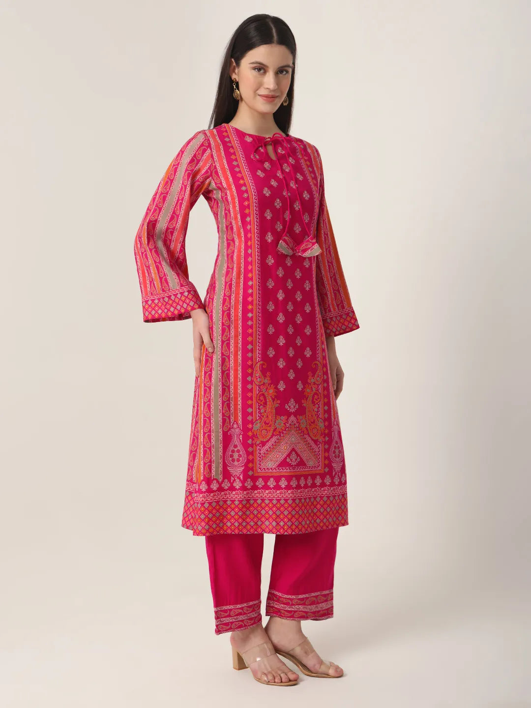 Pink Silk Tie Up Kurta Set With Pant & Dupatta-Yufta Store-6141SKDPKM