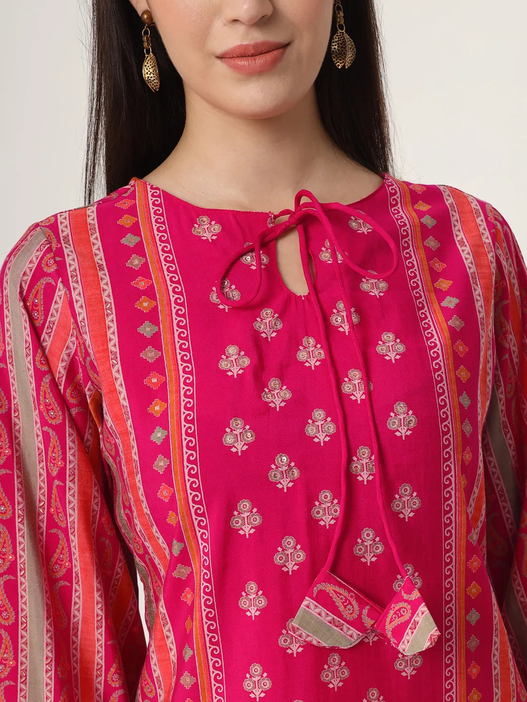 Pink Silk Tie Up Kurta Set With Pant & Dupatta-Yufta Store-6141SKDPKM