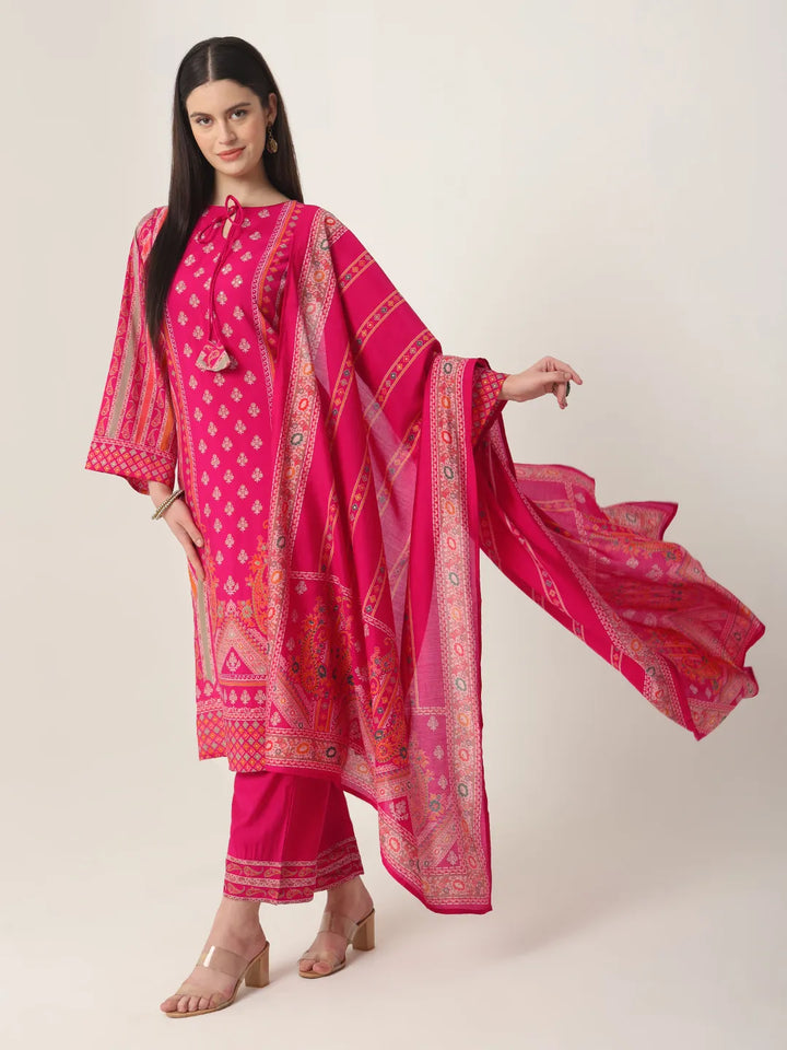 Pink Silk Tie Up Kurta Set With Pant & Dupatta-Yufta Store-6141SKDPKM