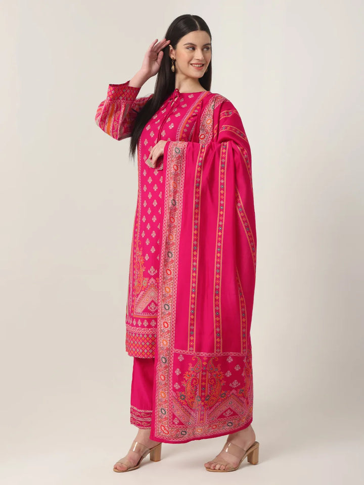 Pink Silk Tie Up Kurta Set With Pant & Dupatta-Yufta Store-6141SKDPKM