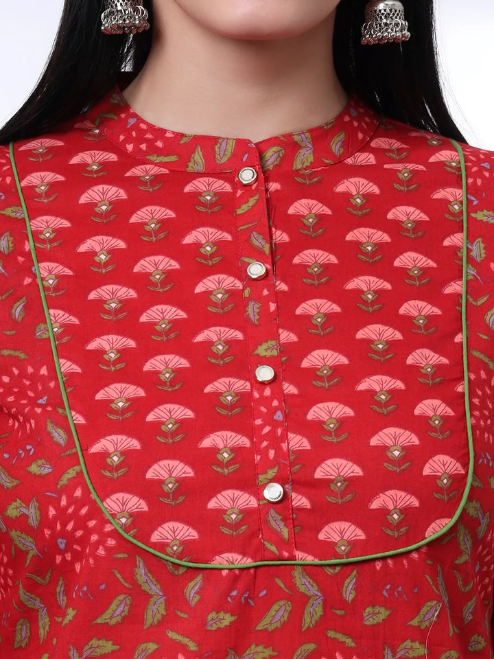 Red Floral Print Straight Kurta Trouser Dupatta Set