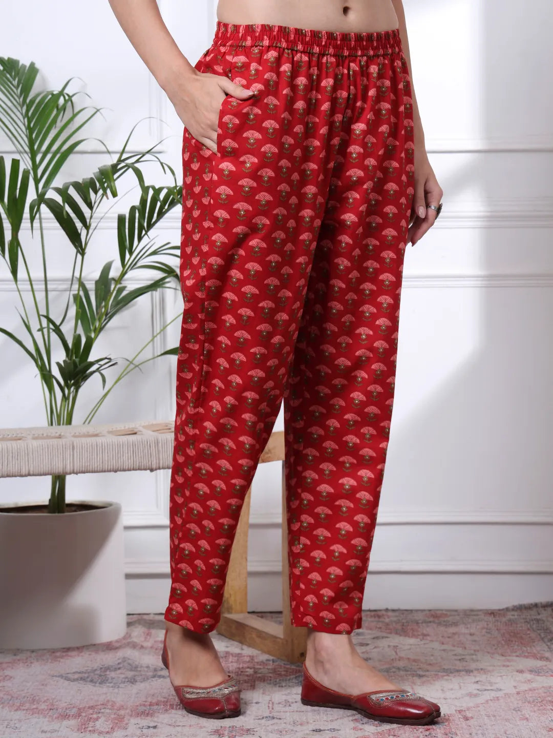 Red Floral Print Straight Kurta Trouser Dupatta Set
