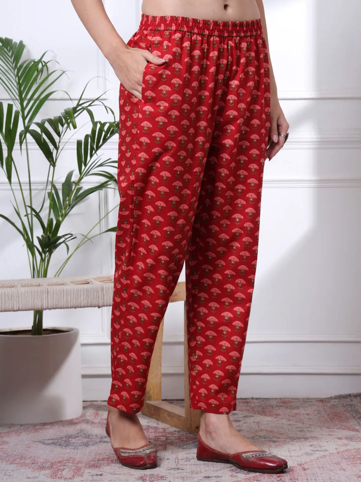 Red Floral Print Straight Kurta Trouser Dupatta Set