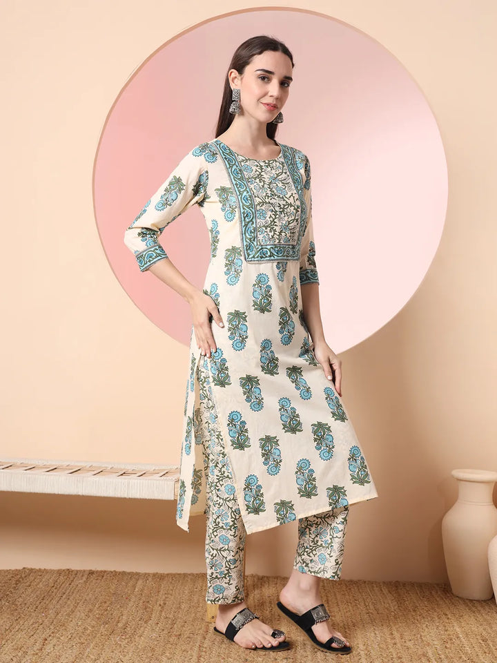 Cream Pure Cotton Block Print,Sequins_Work Kurta Set With Pant & Dupatta