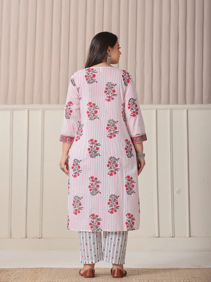 White Floral Print Cotton Sequins Work Plus Size Kurta Set With Pant Dupatta