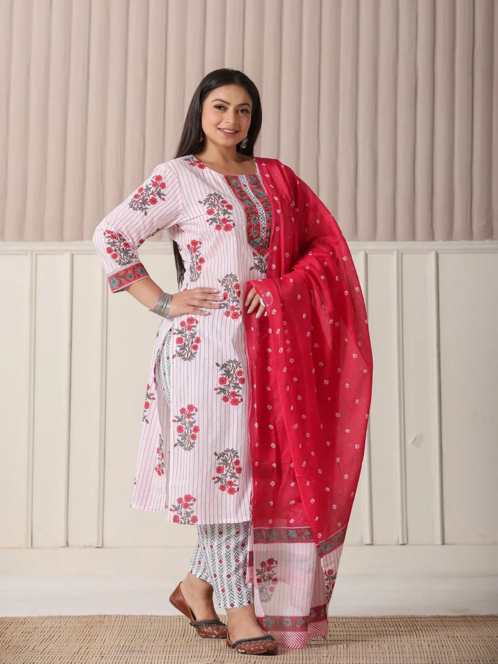 White Floral Print Cotton Sequins Work Plus Size Kurta Set With Pant Dupatta