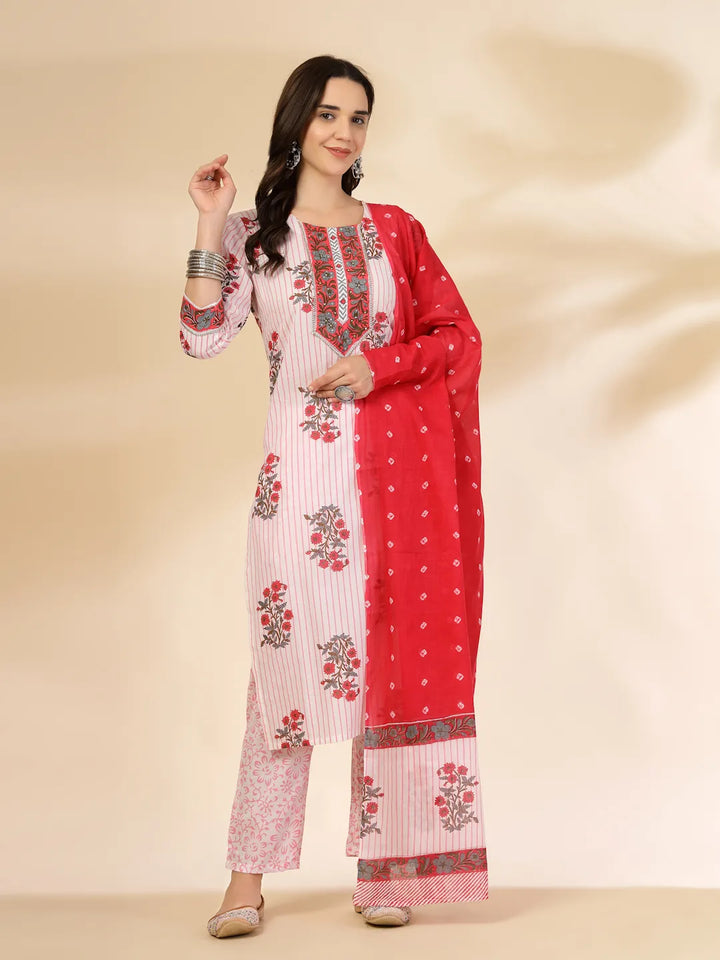 White Floral Print Cotton Sequins Work Kurta Set With Pant Dupatta