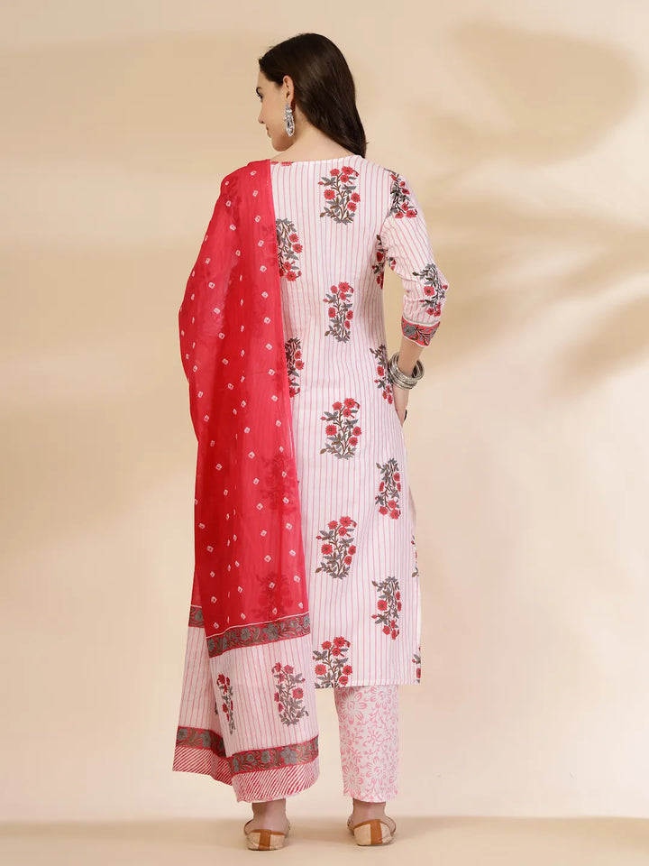 White Floral Print Cotton Sequins Work Kurta Set With Pant Dupatta