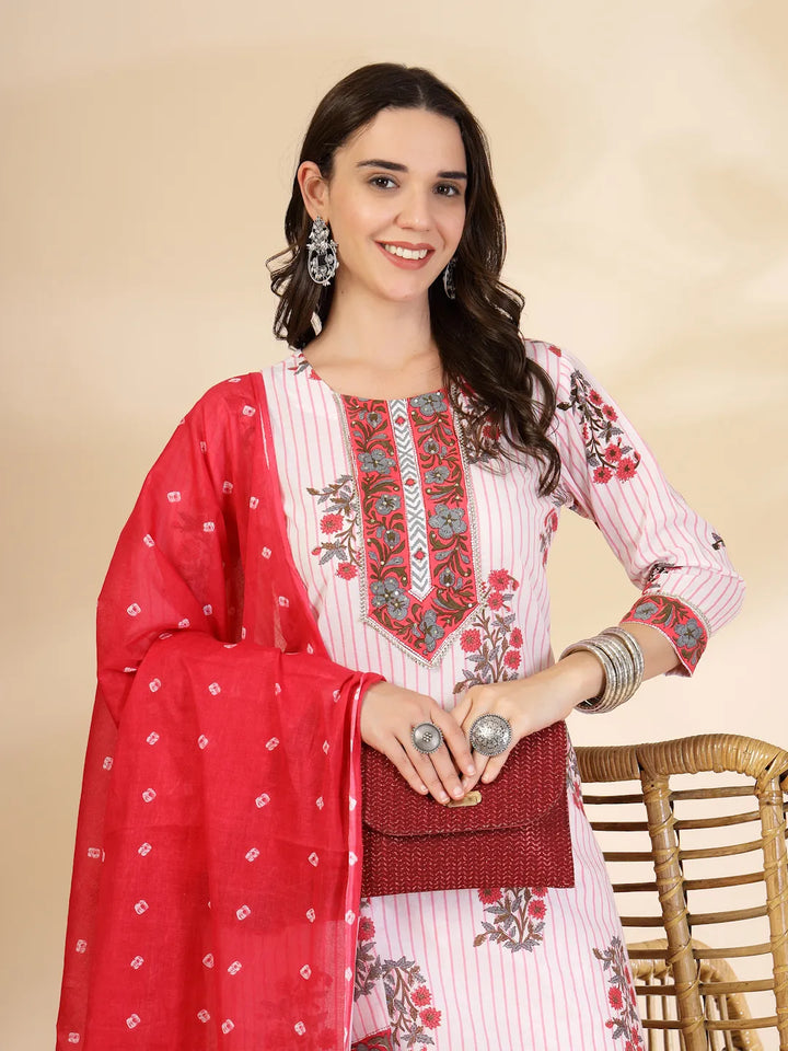 White Floral Print Cotton Sequins Work Kurta Set With Pant Dupatta