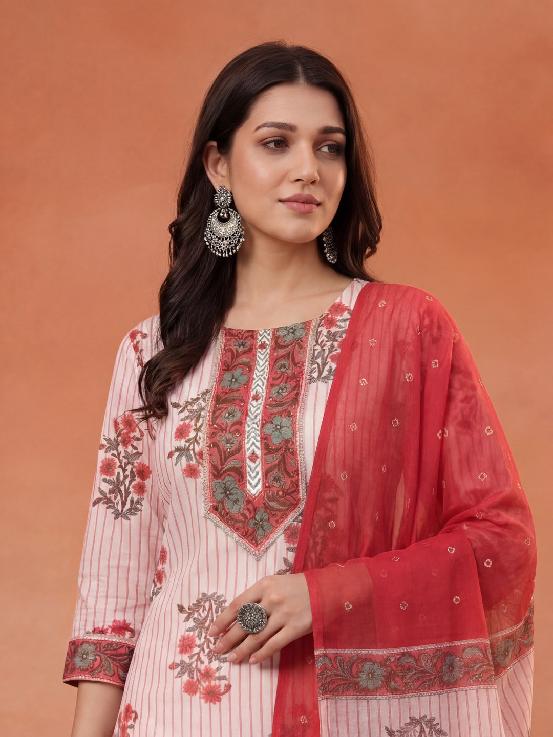 White Floral Print Cotton Sequins Work Kurta Set With Pant Dupatta