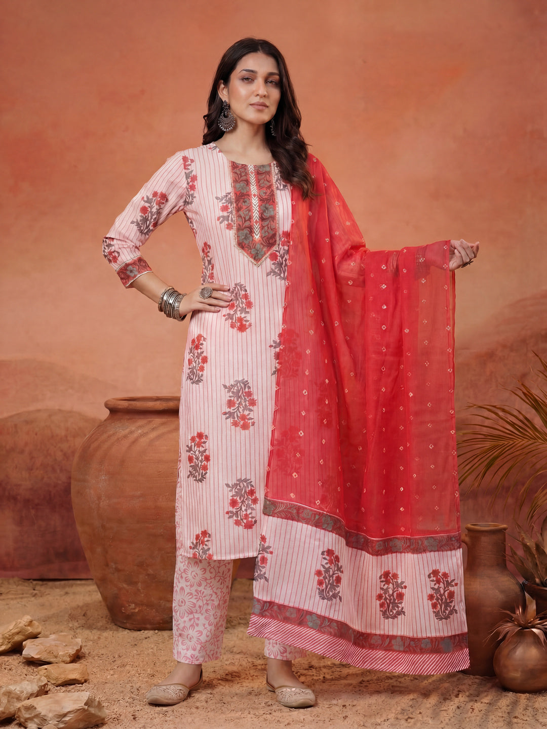 White Floral Print Cotton Sequins Work Kurta Set With Pant Dupatta