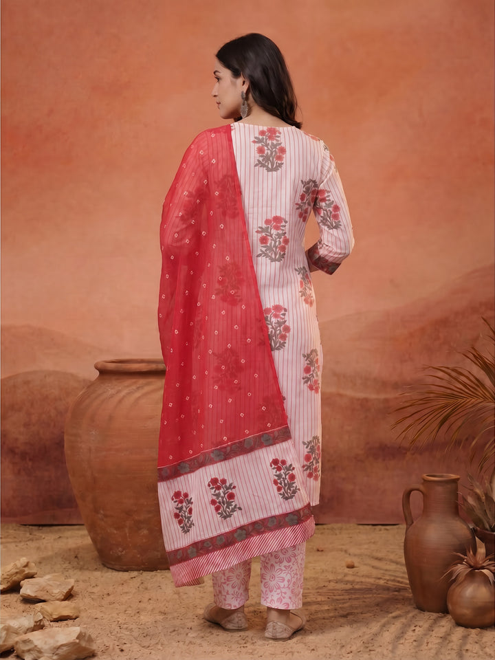 White Floral Print Cotton Sequins Work Kurta Set With Pant Dupatta