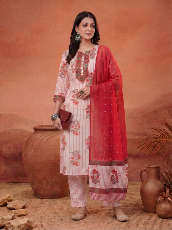 White Floral Print Cotton Sequins Work Kurta Set With Pant Dupatta