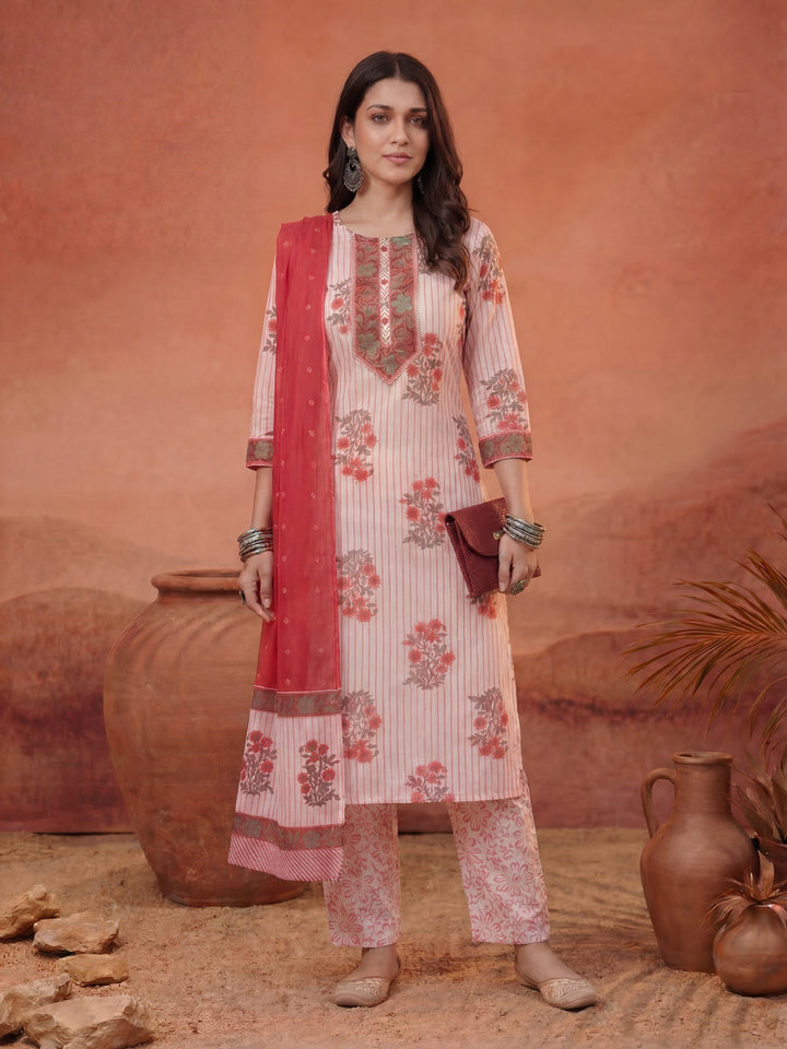 White Floral Print Cotton Sequins Work Kurta Set With Pant Dupatta
