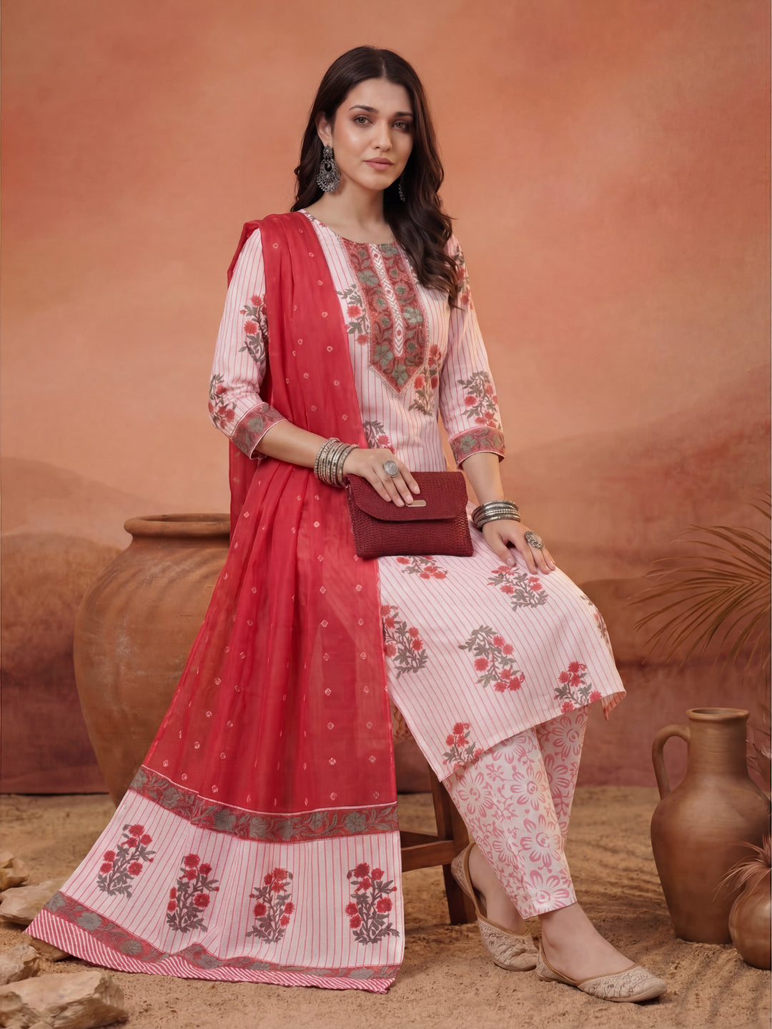 White Floral Print Cotton Sequins Work Kurta Set With Pant Dupatta