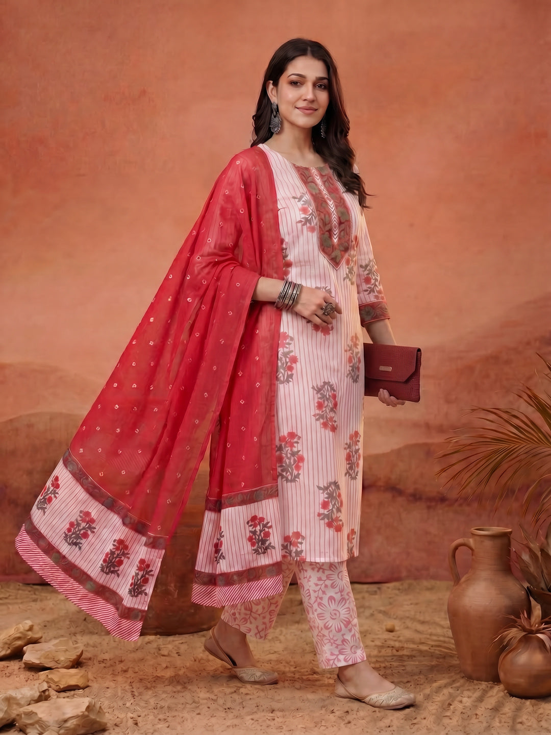 White Floral Print Cotton Sequins Work Kurta Set With Pant Dupatta