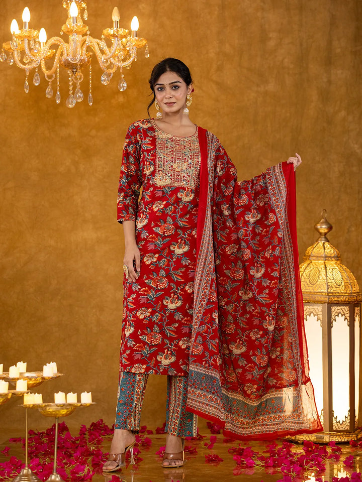 Red Floral Thread Work Pure Cotton Kurta Trousers With Dupatta Set