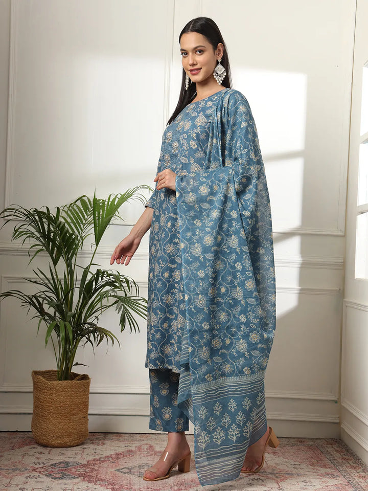 Pure Cotton Straight Blue Kurta Dupatta Set