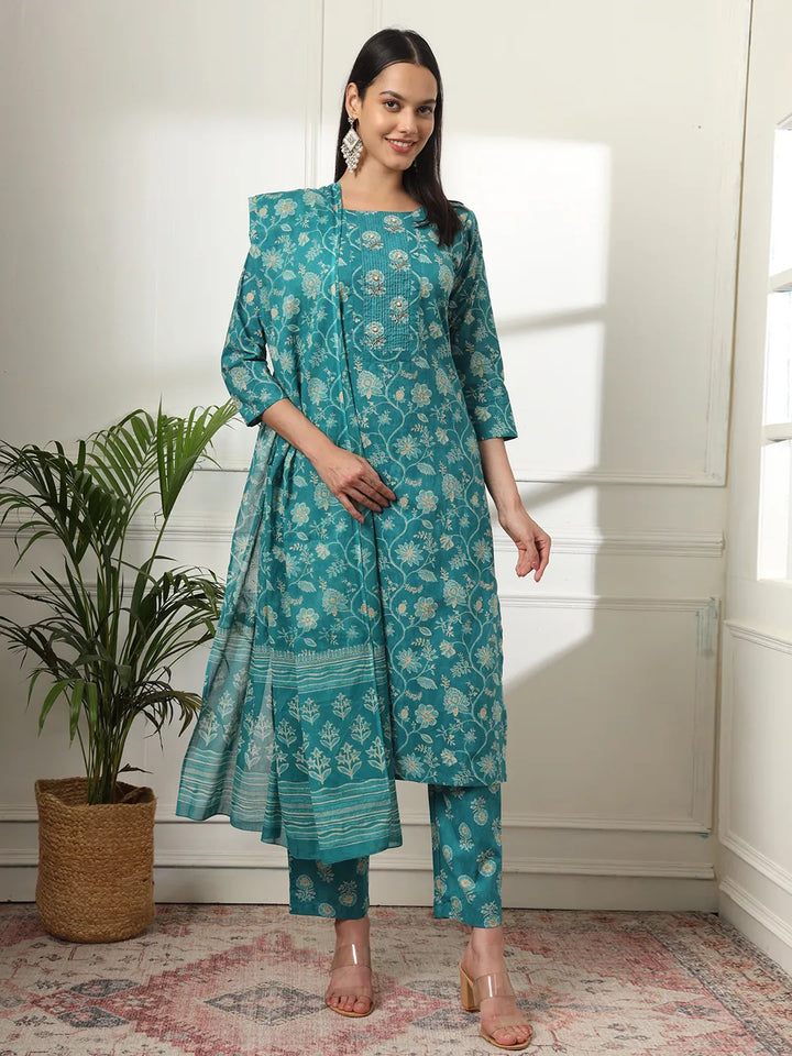 Cotton Straight Turquoise Blue Kurta Dupatta Set