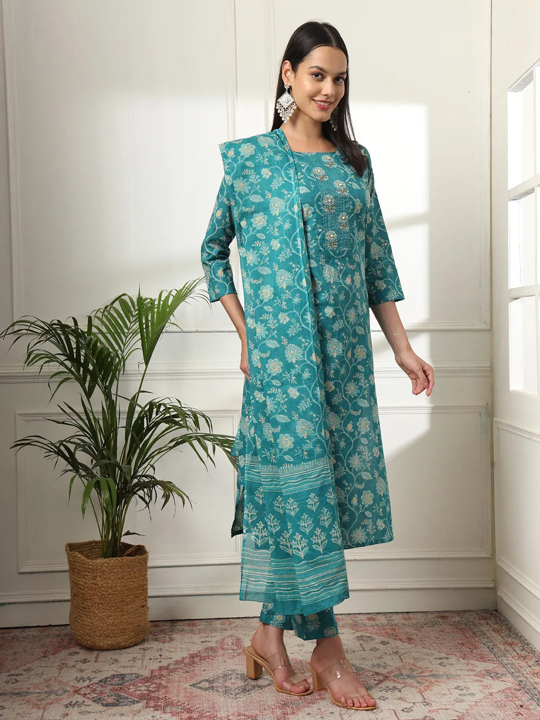 Cotton Straight Turquoise Blue Kurta Dupatta Set