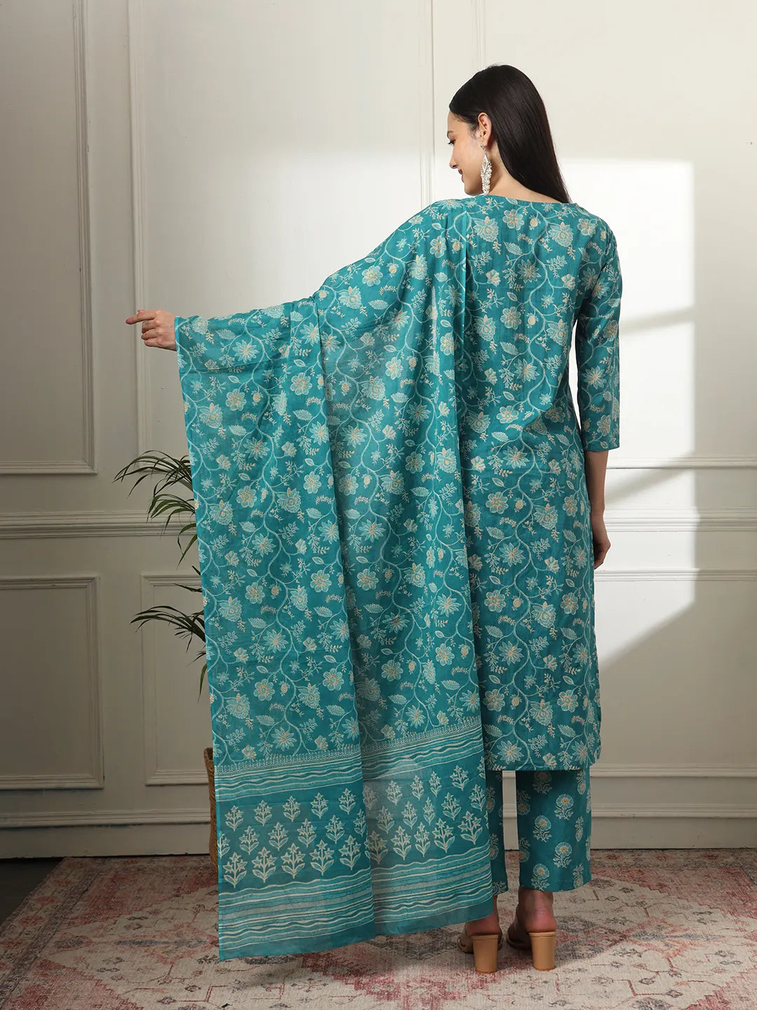 Cotton Straight Turquoise Blue Kurta Dupatta Set