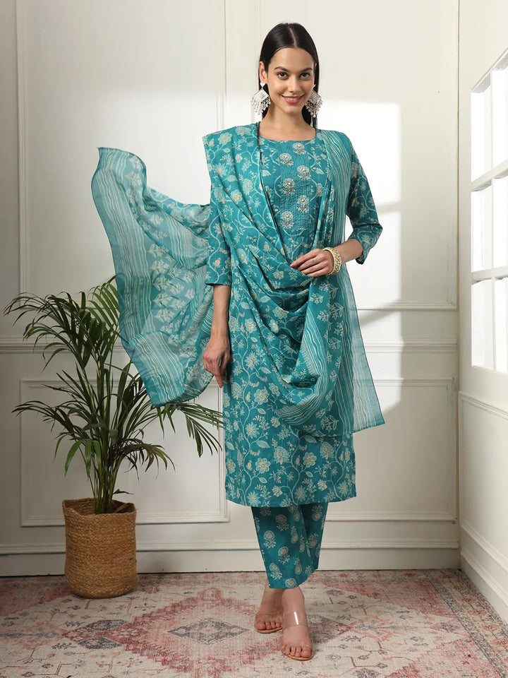 Cotton Straight Turquoise Blue Kurta Dupatta Set