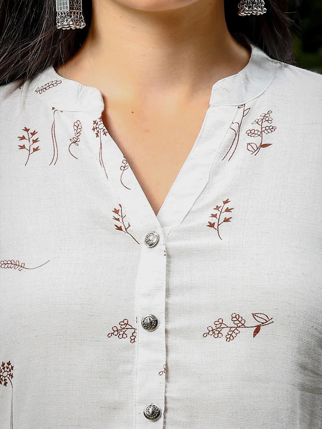 Brown And White Cotton Linen Flare Shirt Style Top