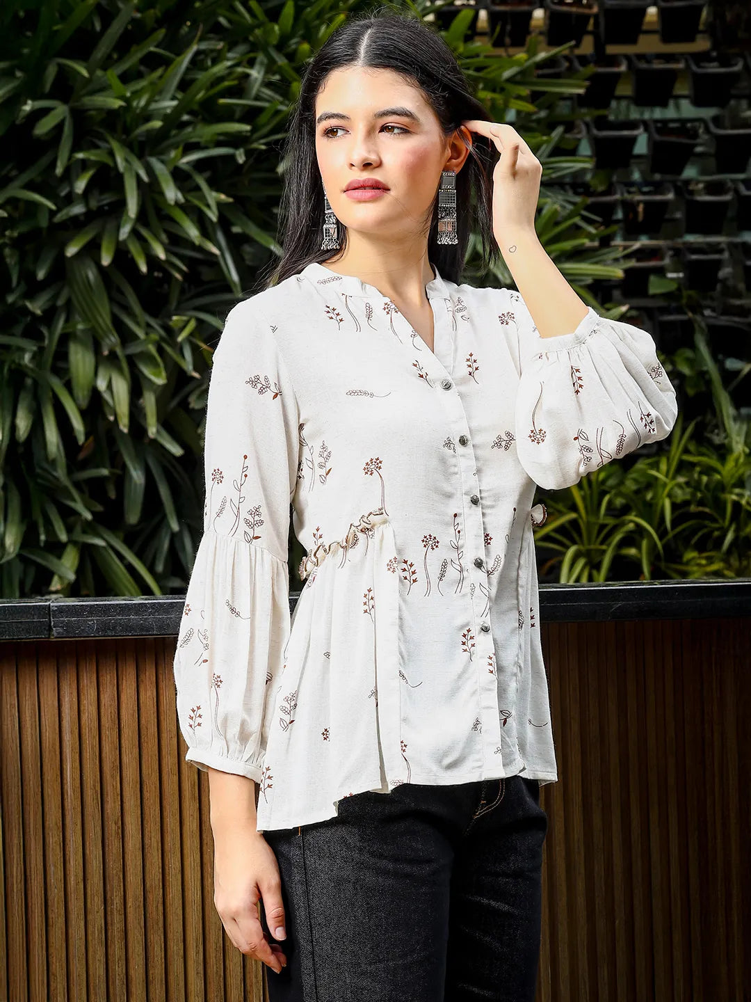 Brown And White Cotton Linen Flare Shirt Style Top