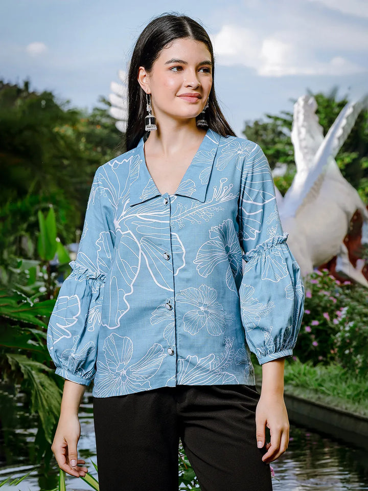 Sky Blue Cotton Linen Puff Sleeve  Shirt Style Top