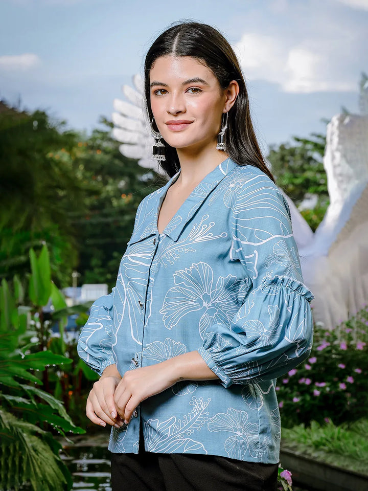 Sky Blue Cotton Linen Puff Sleeve  Shirt Style Top